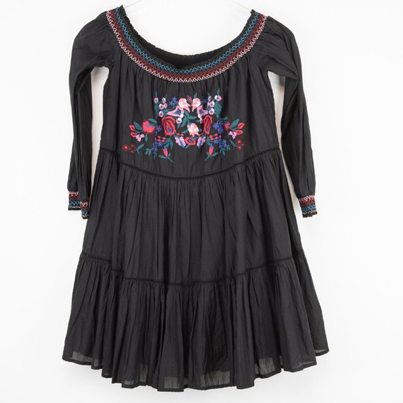 Free People Sunbeams Dress Floral Embroidery Mini Off Shoulder Black Size XS New - Picture 2 of 7